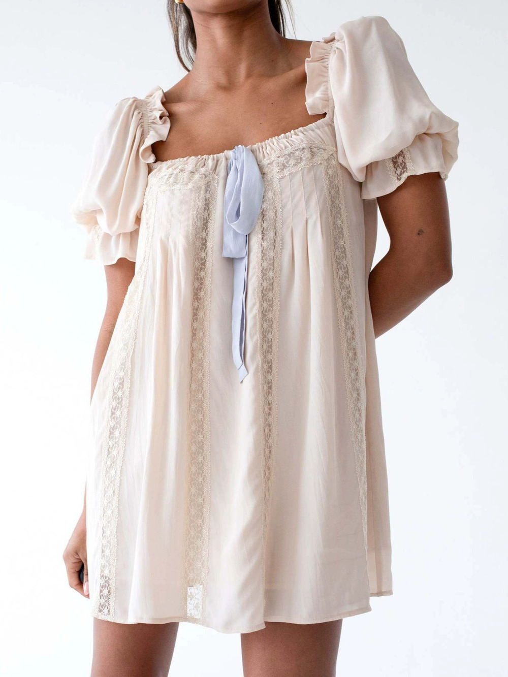 Zara New Loose Square Neck Bubble Sleeve Tie Bow Summer Dress